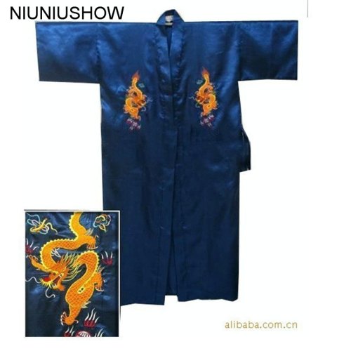 Bild von Marineblauer Chinesischer Herren-Kimono aus Seide & Satin