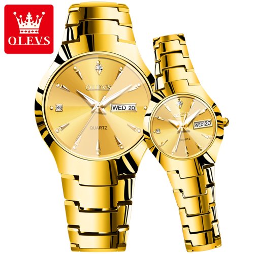 Immagine di OLEVS Set di orologi di marca Orologio da coppia al quarzo dorato con specchio a rombo di lusso Orologio da coppia con d