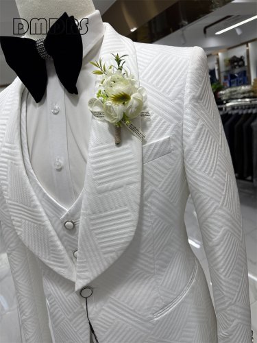 Image of Elegant Three-Piece Men's Wedding Suit Set with One-Button Shawl Lapel Blazer, Vest, and Matching Pants