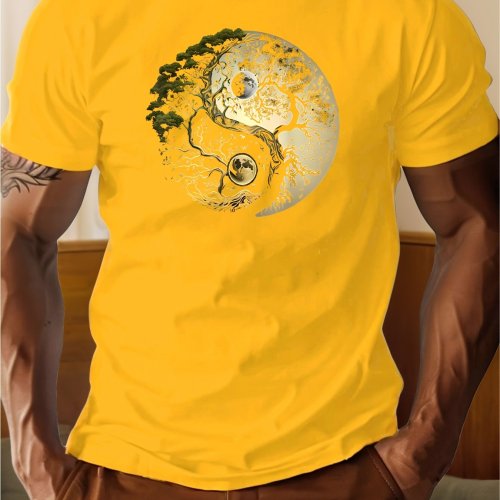 Immagine di T-Shirt Uomo Estiva in 100% Cotone Puro con Stampa Yin Yang e Motivo Albero, Taglio Casual Allentato e Girocollo a Maniche Corte