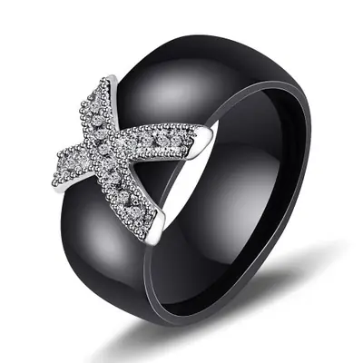 Image de Bague Élégante Céramique & Zircone - Or Blanc & Noir