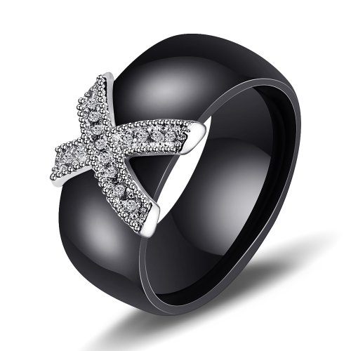 Image de Bague Élégante Céramique & Zircone - Or Blanc & Noir