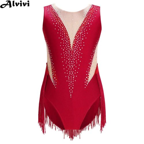 Imagen de Leotardo de Patinaje Artístico para Niñas con Borlas y Diamantes de Imitación Brillantes - Ideal para Ballet, Gimnasia, Baile Latino y Cha Cha
