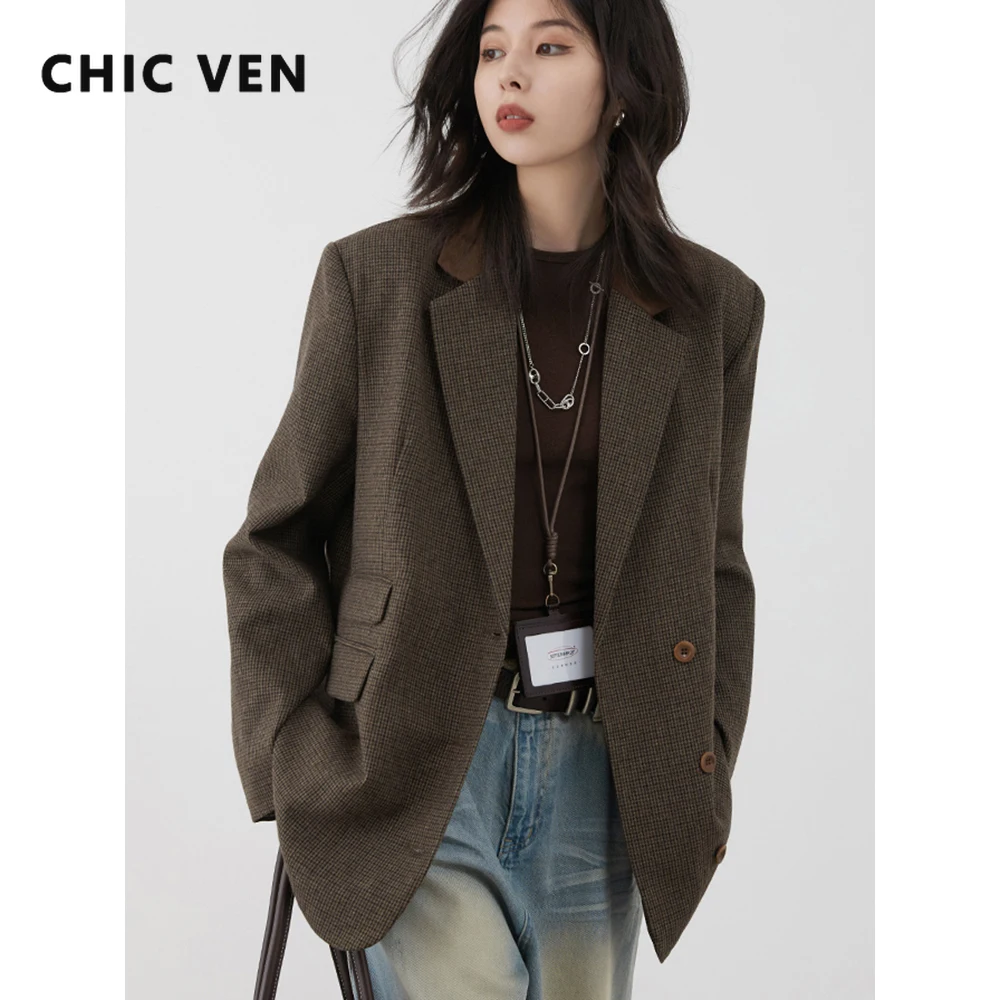 Imagen de Chaqueta de Lana para Mujer Estilo Retro con Botones y Diseño a Cuadros, Abrigo Holgado de Media Longitud para Otoño e Invierno 2024