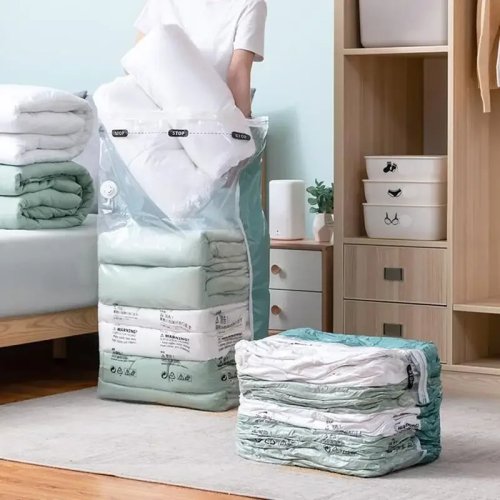 Immagine di 1pc No Need Pompa Sacchetti sottovuoto Grandi sacchetti di plastica per riporre vestiti Coperte Compressione Borsa vuota Accessori da viaggio