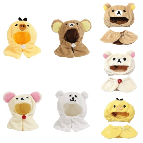 Afbeelding van Leuke Kawaii Zelf Afvallende Beer Rilakkuma Kleding Set voor 10 cm Katoenen Pop – Verwisselbare Cape en Hoofddeksels Accessoire
