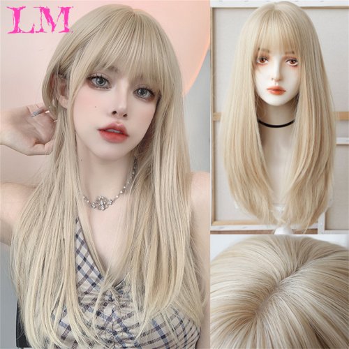 Afbeelding van Lichtblonde Golvende Synthetische Pruik met Pony voor Vrouwen - Lange Natuurlijke Haarpruik van Hoge Temperatuurvezel voor Cosplay en Dagelijks Gebruik