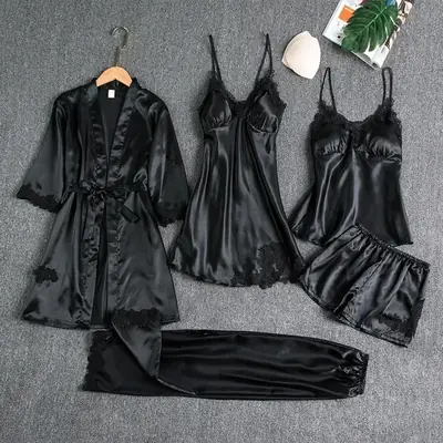 Image de Ensemble de Nuit Luxueux 5 Pièces en Soie & Dentelle