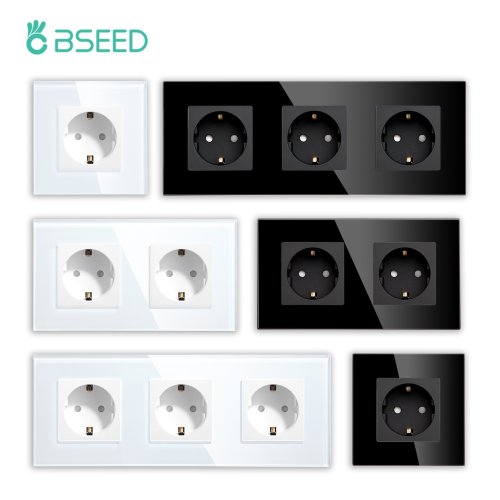 Image of Bseed EU Standard Single Wall Socket with Double Glass Outlets and Triple Power Sockets – 16A Electrical Outlet for Home, Office, and Bedroom
