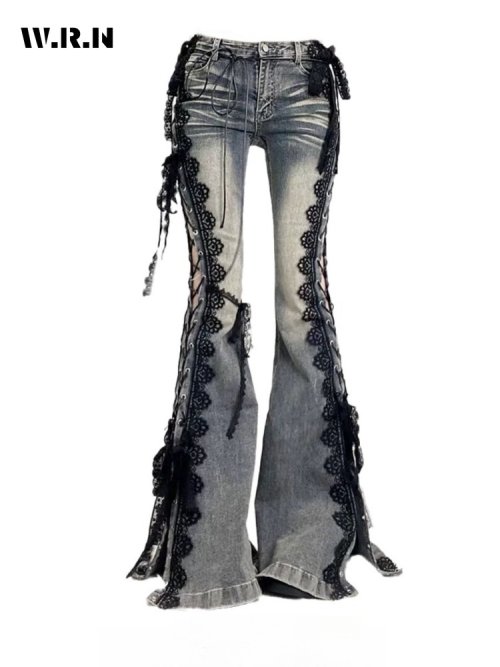 Image of Retro Lace-Up Flare Jeans with Eyelets and Whisker Stitching – Slim Low-Rise Split Bootcut Bell Bottoms for Women Streetwear Style
