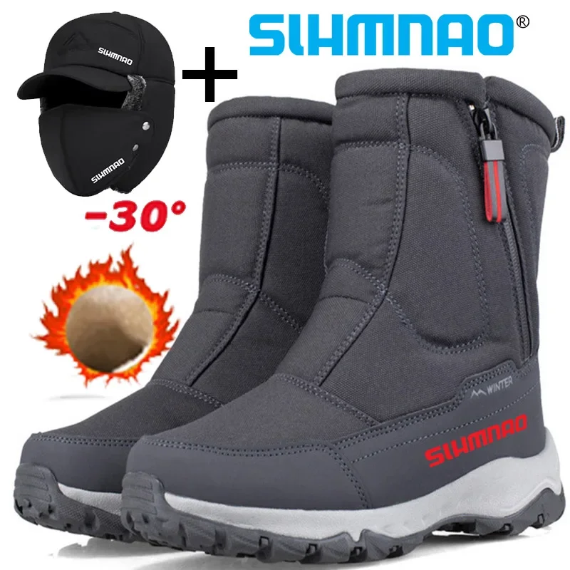 Image of 2025 Winter Waterproof Men's Fishing Boots with Warm Wool Lining, Ankle High Top Ski Boots for Outdoor Snow Activities