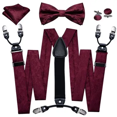 Image de Boutons de Manchette & Bretelles Floral Violet Prune - Ensemble Élégant pour Hommes