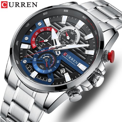 Imagen de Relojes de pulsera CURREN deportivos informales de cuarzo con cronógrafo, reloj de acero inoxidable a la moda para hombre, reloj con fecha automática para hombre con caja