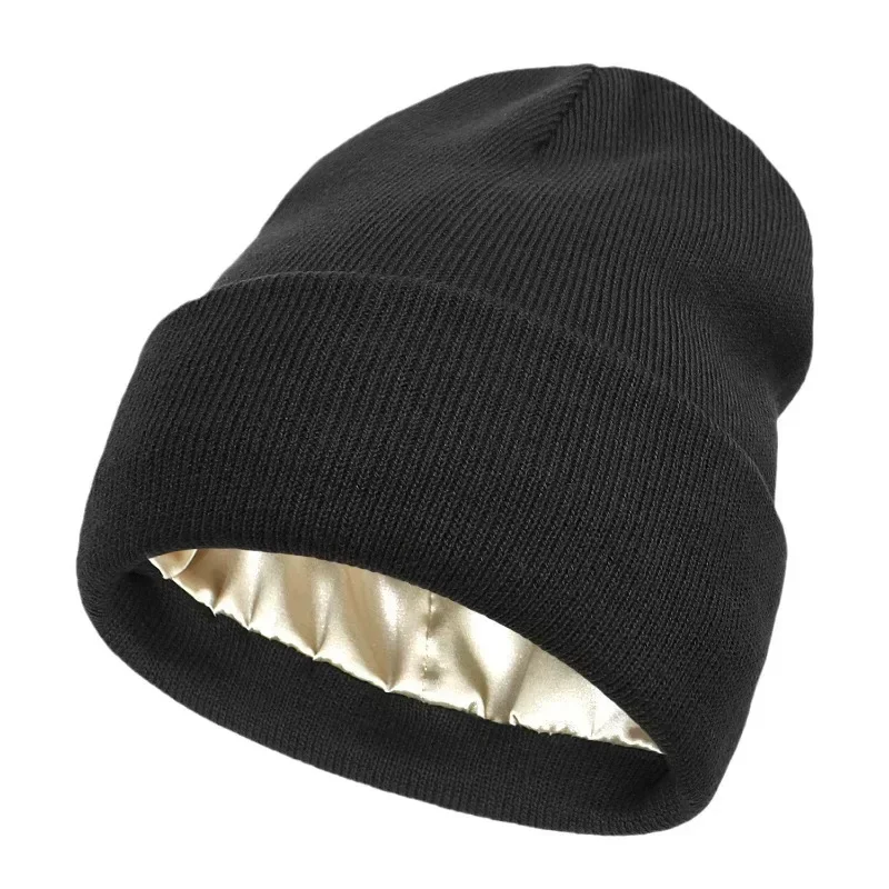 Bild von Neue Unisex Wintermütze Seidensatin gefütterte Mützen Männer und Frauen Zweiseitige schützende Frisur warme Strickmütze Wollmütze