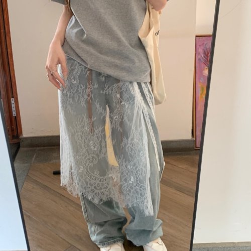 Image of Elegant Korean-Style Midi Skirt for Women with Lace Drawstring Design, High Waist A-Line Cut, Irregular Side Slit, Perfect for Spring and Summer Fashion Streetwear