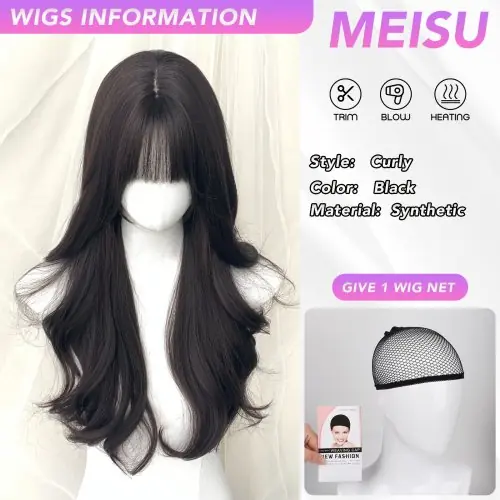Image de Perruque Longue Ondulée Noire - 26 Pouces, Cheveux Lisses Synthétiques