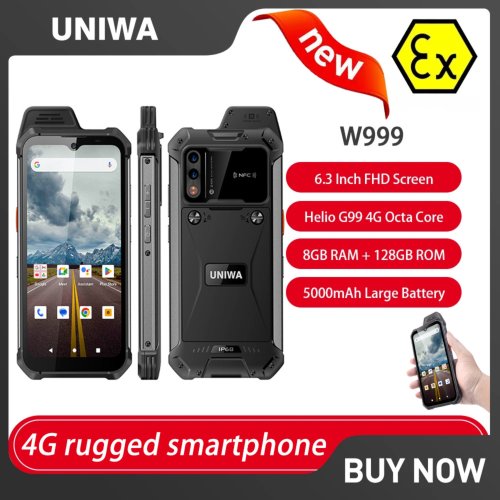 Image of Uniwa W999 ATEX Explosion-Proof Rugged Smartphone with IP68 Rating, 6.39" FHD Display, Android 13, 8GB RAM, 128GB Storage, 5000mAh Battery, Walkie-Talkie PTT, NFC, and Military-Grade Durability