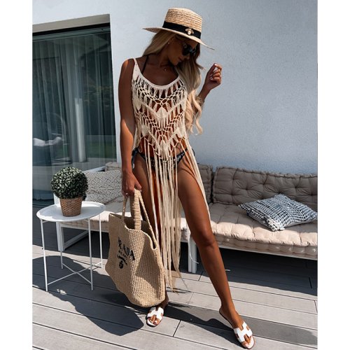 Image of 2024 Boho Crochet Tunic Cover-Up Dress with Hollow-Out Details and Tassels – Sexy Beach Wear for Women