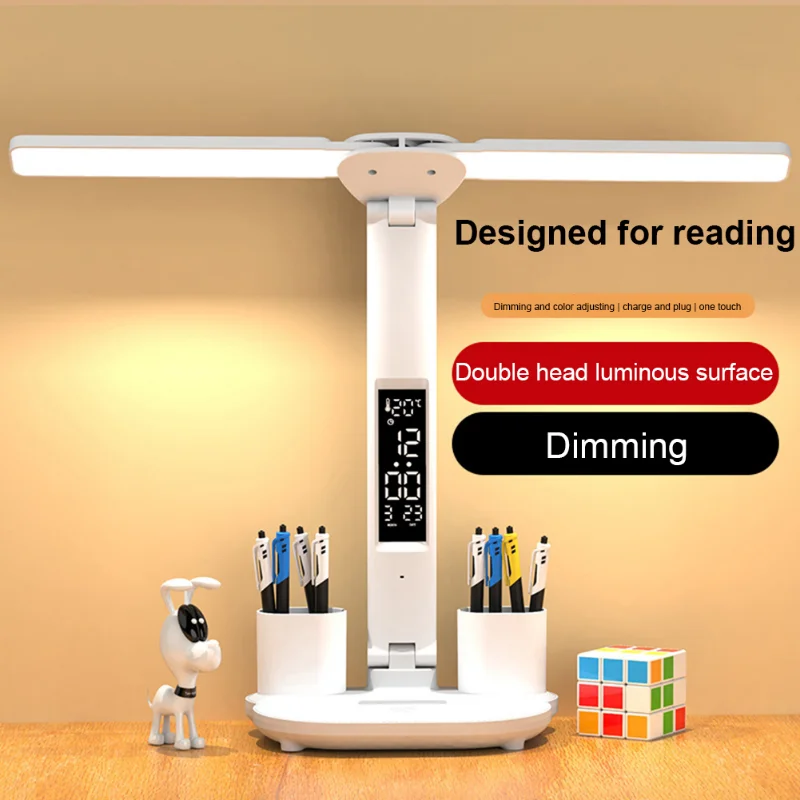 Image of Dual-Head LED Desk Lamp with USB Charging, Dimmable Light, Built-In Calendar Clock, Foldable Design, Eye-Care Reading Night Light for Home Office and Study