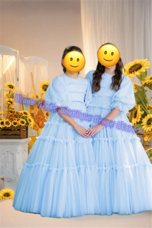 Image of Elegant Blue Flower Girl Dress with Tulle Skirt, Ruffles, and Floral Details for Weddings, Pageants, and Kids' Birthday Parties