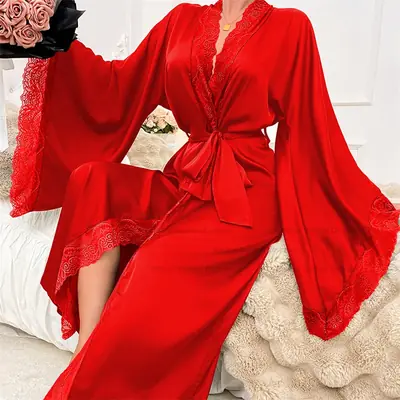 Image de Robe de Nuit Ultra Longue en Dentelle Sexy - Kimono Soie Glacée