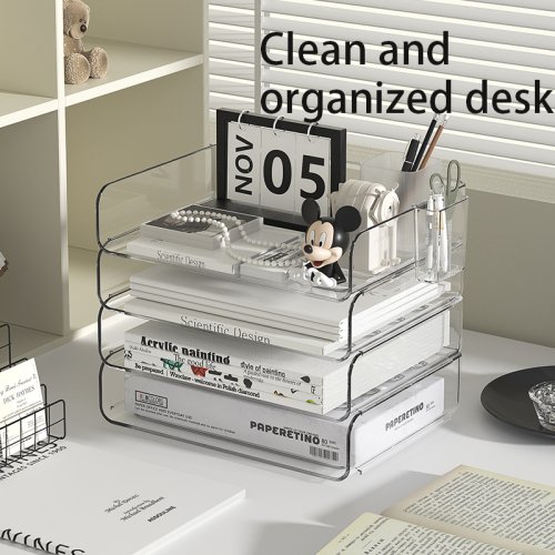 Image of Clear Acrylic Stackable Desk Organizer with 4 Letter Trays – Sleek Office File Storage Solution for Home and Workplace
