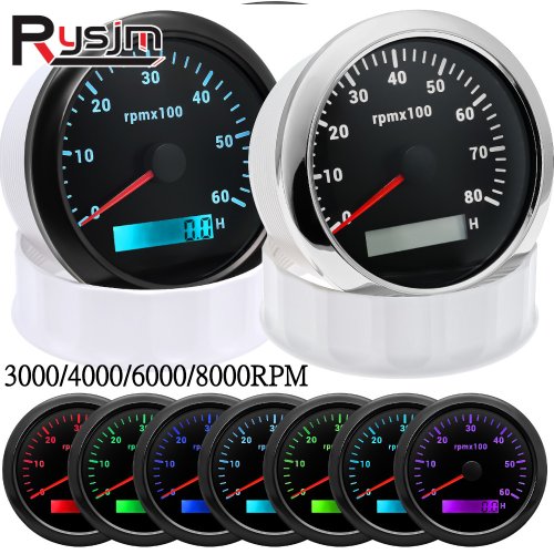 Afbeelding van HD 85mm Toerenteller Met LCD Urenteller 7 Kleur Backlight Tacho Gauge 3000 4000 6000 7000 8000 RPM Voor Marine boot Auto 12 V/24 V