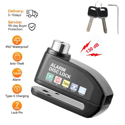 Image of Heavy-Duty Motorcycle Disc Brake Lock with 130dB Alarm – Waterproof Alloy Anti-Theft Security Padlock for Bikes and Motorcycles