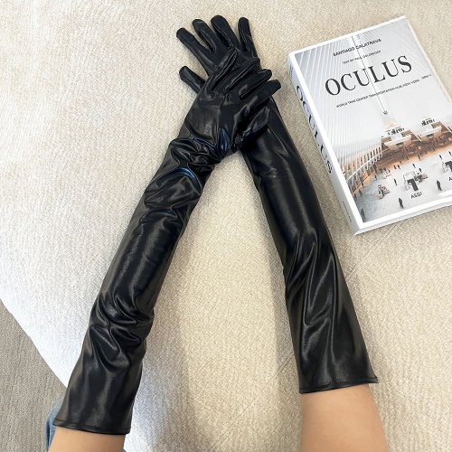 Immagine di Guanti Lunghi da Donna in Pelle Verniciata Nero, 55 cm, Stile Sexy e Elegante per Cosplay, Pole Dance, Performance, Feste e Eventi Teatrali