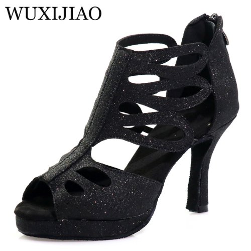 Image of Elegant High-Top Glitter Dance Shoes for Women and Girls – White & Black Salsa, Ballroom, and Latin Dance Heels with Comfortable Cloth Design