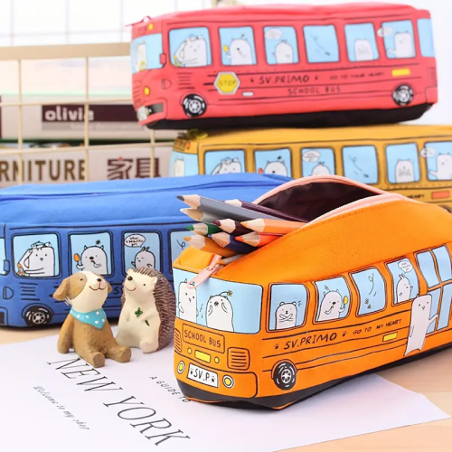 Image of Creative School Bus Canvas Pencil Case – Large Capacity Stationery Bag for Kids & Students