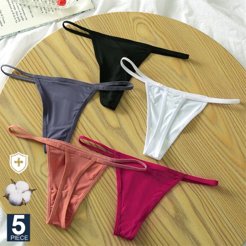 Imagen de Set de 5 bragas sexis de cintura baja para mujer en algodón suave con diseño de espalda en T y tirantes finos – Lencería íntima elegante y cómoda