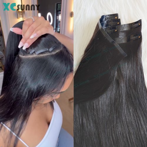 Image of Natural Seamless Straight Clip-In Human Hair Extensions with Double-Drawn Skin Weft for Women – 100g & 240g Options