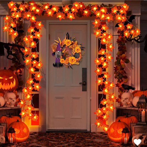 Imagen de Guirnalda de Luces LED con Faroles de Hoja de Arce Artificial para Halloween, Acción de Gracias y Navidad - Decoración de Hogar de 2m, 3m y 6m