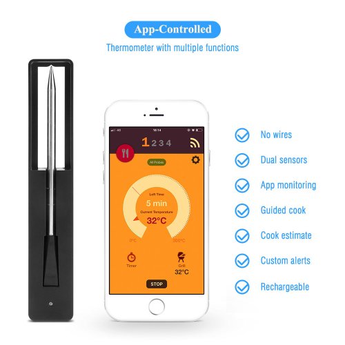 Imagen de Termómetro Inalámbrico Digital con Bluetooth para Carne, Barbacoa, Horno, Parrilla y Ahumador – Accesorio Ideal para Cocina al Aire Libre y Sous Vide