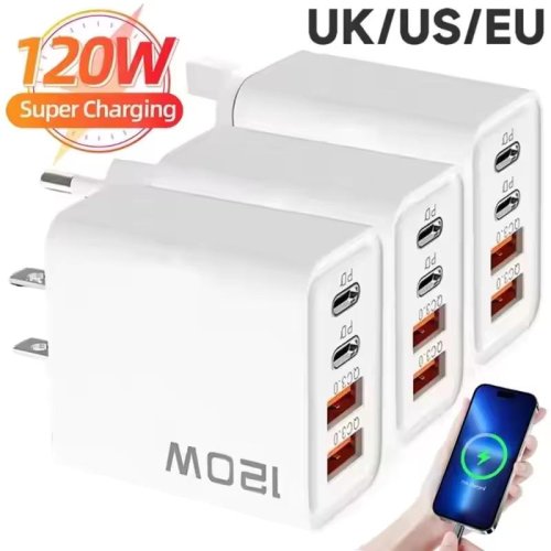 Imagen de Cargador USB C PD de 4 puertos, cargador rápido de 120W, adaptador de pared tipo C, cargador USB 3,0 de carga rápida para iPhone, Samsung, Xiaomi, enchufe para teléfonos