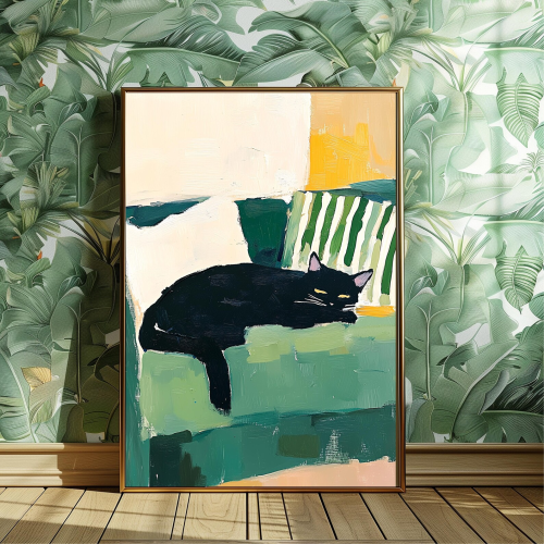 Afbeelding van Slapende Tuxedo Cat Wall Art Print: zwart-witte kat schilderij, ingelijste kat poster cadeau decoratie