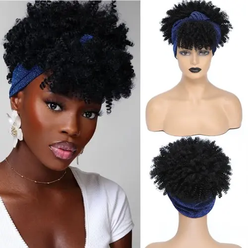Image de Perruque Afro Courte Bouclée avec Turban - Style Crépu Synthétique