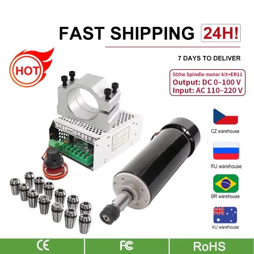 Image of 500W Air-Cooled CNC Spindle Motor with ER11 Chuck, Speed Governor, Power Supply, and Clamps for Precision Metal Machining