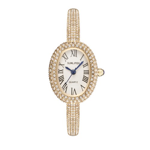 Image of New Luxury Elegant ladies' Bracelet Wrist Watch Roman Numeral Inlaid Rhinestones Oval Waterproof Women's Quartz Watch Reloj