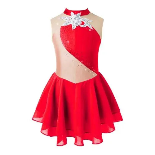 Image de Robe de Patinage Élégante pour Fille - Justaucorps Floral avec Strass