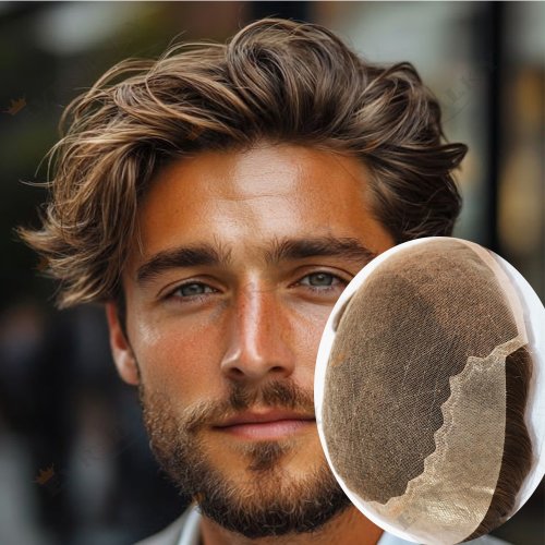 Immagine di Toupee Uomo Naturale con Linea Sottile - 100% Capelli Umani