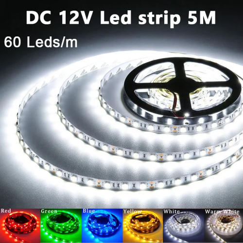 Image of 5M Waterproof Flexible LED Strip Light with 300 SMD2835 LEDs - 12V RGB Color Changing Warm White, Red, Green, Blue for Indoor Room Decor and Ambient Lighting