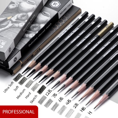 Bild von Professionelles Zeichenstift-Set mit Graphit- und Holzkohlestiften in verschiedenen Härtegraden – Ideal für Künstler und Anfänger zur Skizze und Zeichnung