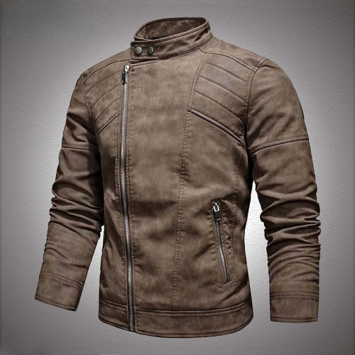 Image of 2025 Men's Fashion PU Leather Jacket with Fleece Lining – Warm Winter Biker Coat with Zipper Closure, Slim Fit Motorcycle Jacket for Men