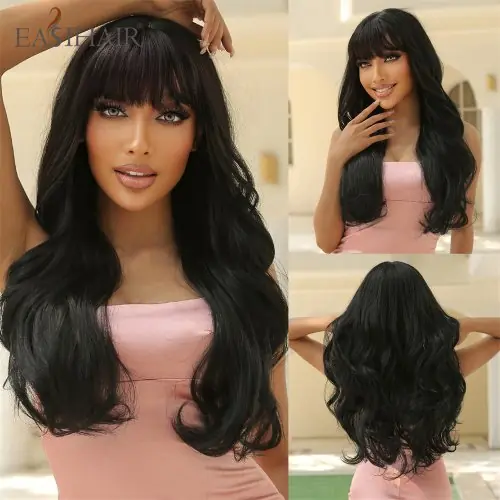 Image de Perruque Blonde Ombre Brune Ondulée - Style Platine avec Frange