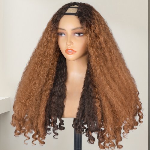 Immagine di Parrucche diritte Yaki con riccioli rimbalzanti Clip in mezza parrucca senza colla 200% densità aggiornamento V parte parrucche sintetiche afro ricci per le donne