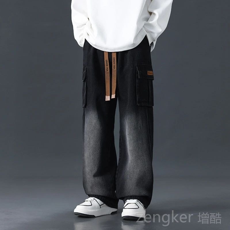 Imagen de Pantalones Vaqueros Vintage para Hombre Talla Grande, Pantalón de Trabajo Holgado con Cordón, Cintura Elástica y Bolsillos Grandes, Estilo Recto para Otoño