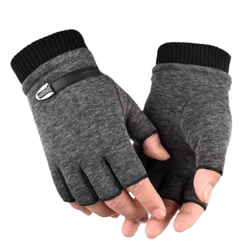 Image of Men's Fleece-Lined Half-Finger Gloves for Autumn and Winter – Warm, Breathable Outdoor Driving & Riding Mittens with Punk Hip-Hop Style