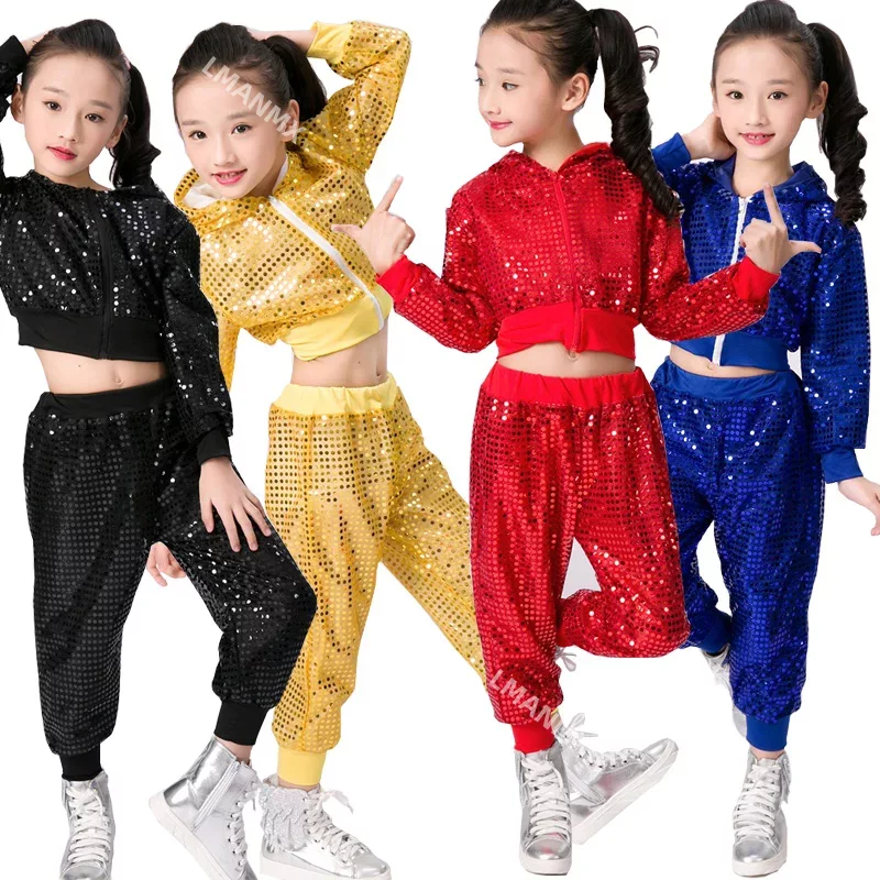Bild von Kinder Pailletten Jazz Dance Moderne Cheerleading Hip Hop Kostüm Für Kinder Junge Mädchen Crop Top Und Hose Leistung Outfits Kleidung